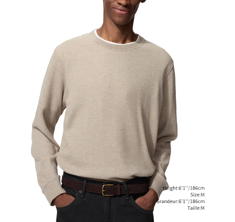 Uniqlo Unisex Waffle Crew Neck T-Shirt 32 Beige