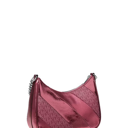 Michael Kors Women's Jet Set Travel Metallic and Signature Logo Convertible Pochette Bag Maroon/Silver