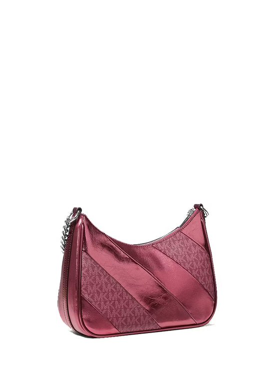 Michael Kors Women's Jet Set Travel Metallic and Signature Logo Convertible Pochette Bag Maroon/Silver