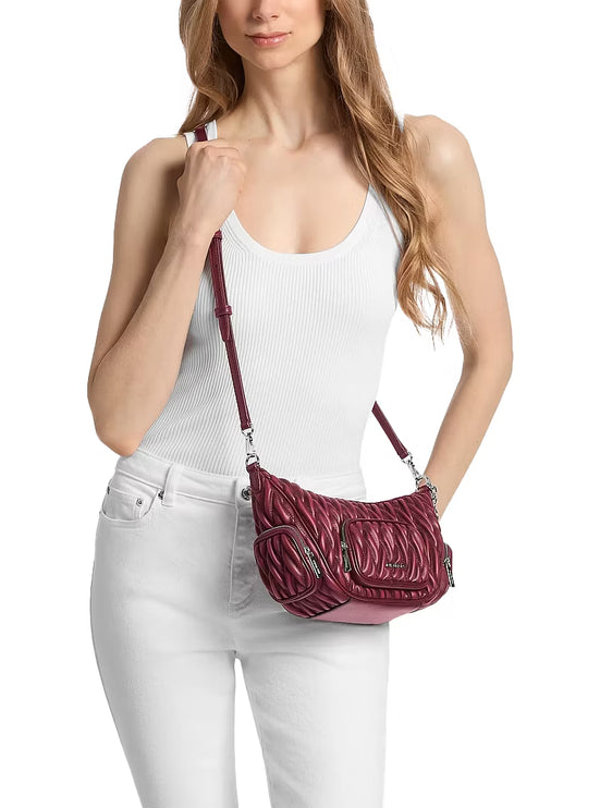 Michael Kors Women's Merritt Small Matelassé Convertible Shoulder Bag Maroon/Silver