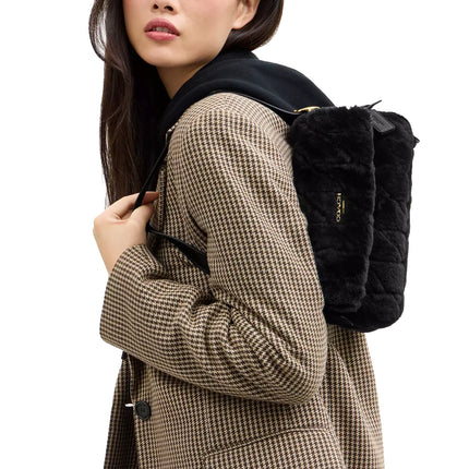 Coach Women's Etta Small Flap Shoulder Bag In Shearling With Quilting Suede/Gold/Black