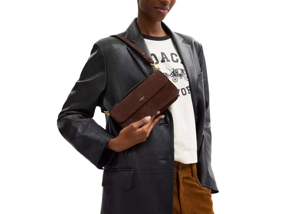 Coach Women's  New York Elora Top Handle Crossbody Bag Suede/Brass/Dark Chocolate