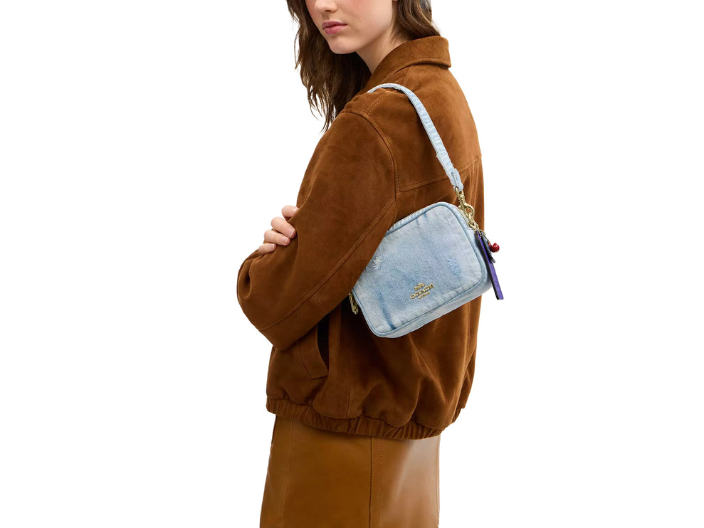 Coach Women's Mini Carey Crossbody Bag In Loved Denim With Charms Gold/Light Indigo