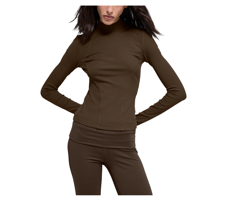 alo Women's Ribbed Mesmerize Mock Neck Long Sleeve Espresso
