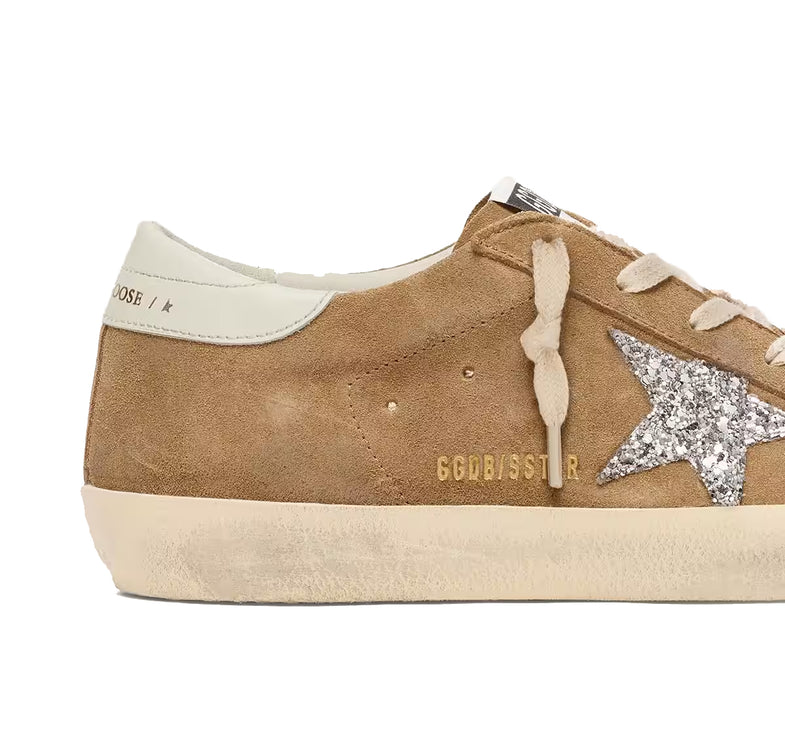 Golden Goose Women's Super-Star in Tobacco Suede with Silver Glitter Star