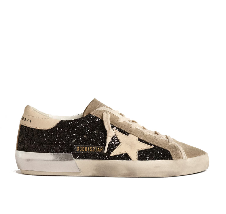 Golden Goose Women's Super Star in Black Glitter with Cream Star and Suede Inserts