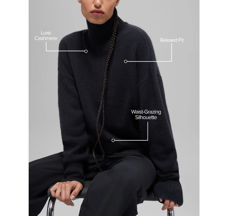 alo Women's Wool Cashmere Cropped New Class Turtleneck Sweater Black