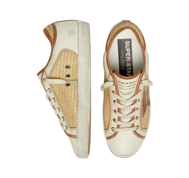 Golden Goose Women's Super-Star in White Leather and Raffia with Brick Red Star and Inserts