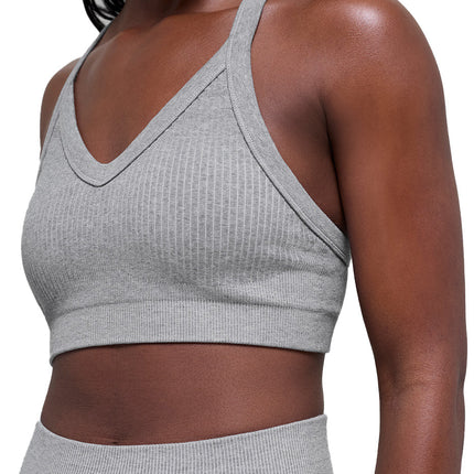 alo Women's Seamless Two Tone Rib Bra Light Misty Grey Heather