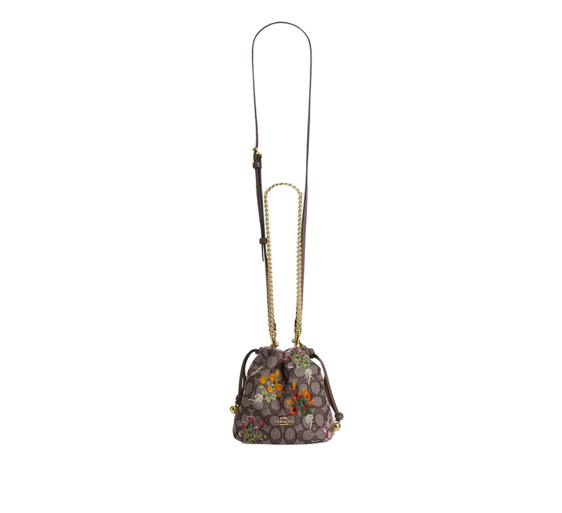 Coach Women's Faye Mini Drawstring Bag In Signature Jacquard With Floral Embroidery Gold/Oak Multi
