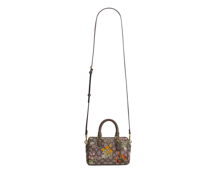 Coach Women's Mini Rowan Crossbody Bag In Signature Jacquard With Floral Embroidery Gold/Oak Multi