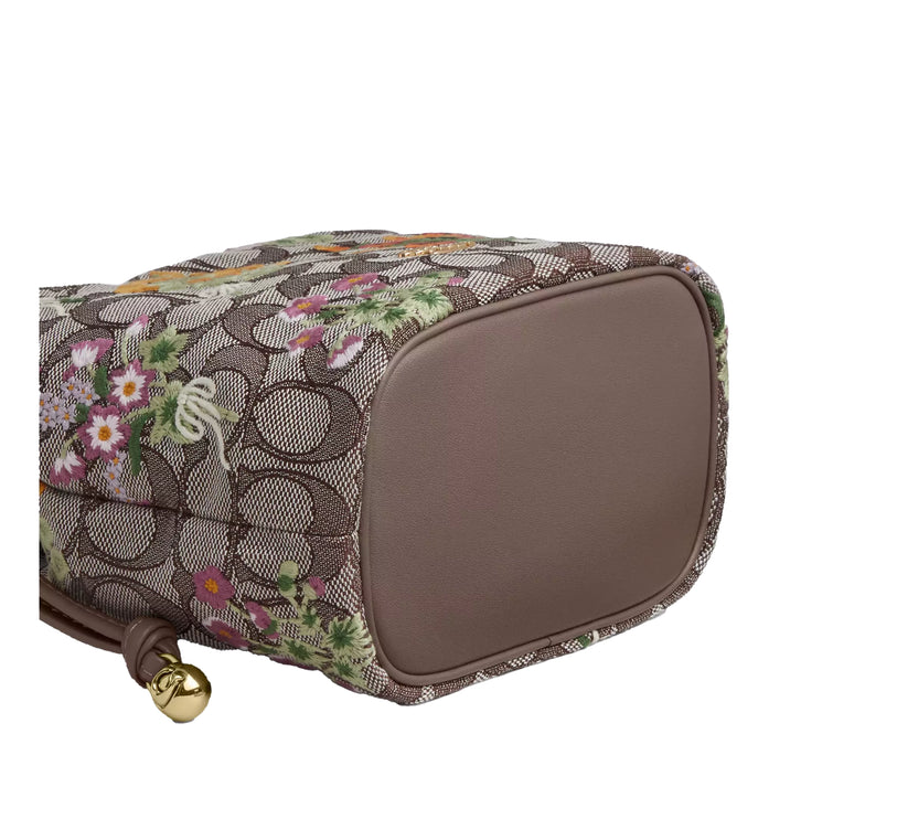 Coach Women's Faye Mini Drawstring Bag In Signature Jacquard With Floral Embroidery Gold/Oak Multi