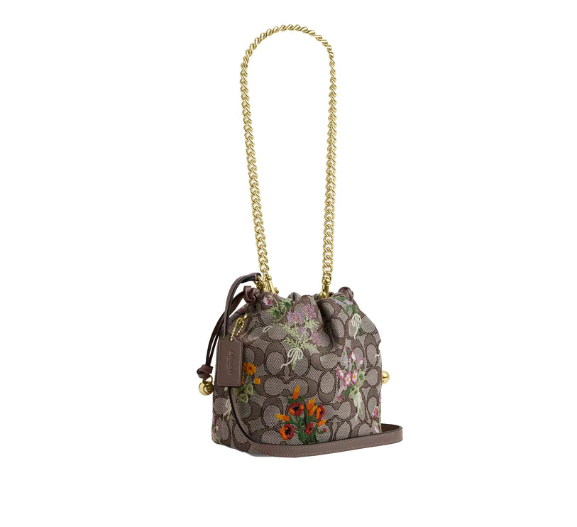 Coach Women's Faye Mini Drawstring Bag In Signature Jacquard With Floral Embroidery Gold/Oak Multi