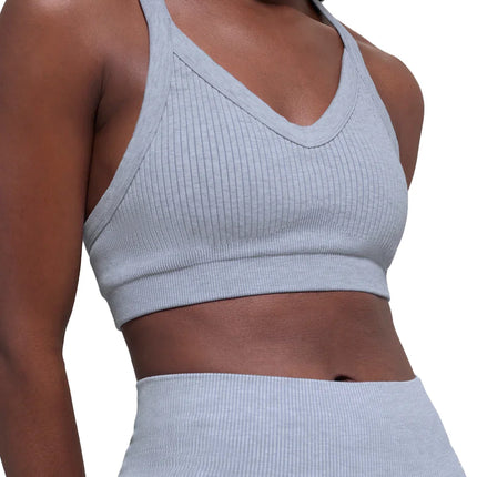 alo Women's Seamless Two Tone Rib Bra Light Misty Grey Heather