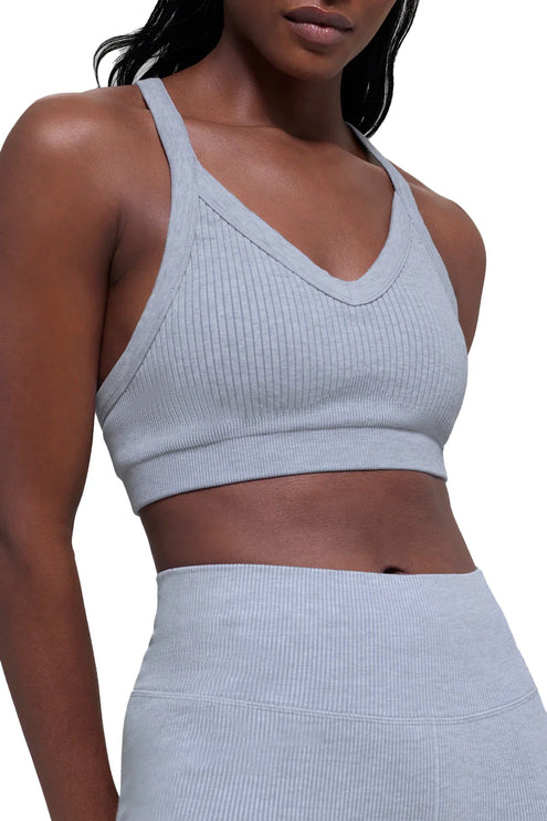 alo Women's Seamless Two Tone Rib Bra Light Misty Grey Heather