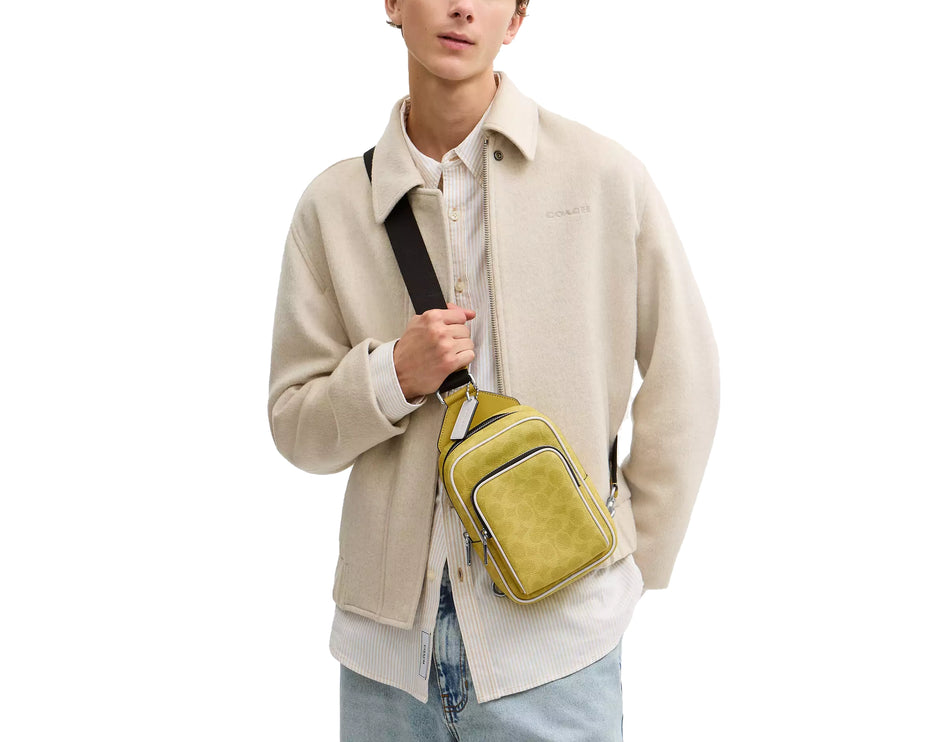 Coach Unisex Racer Sling Pack In Signature Canvas Silver/Light Citron