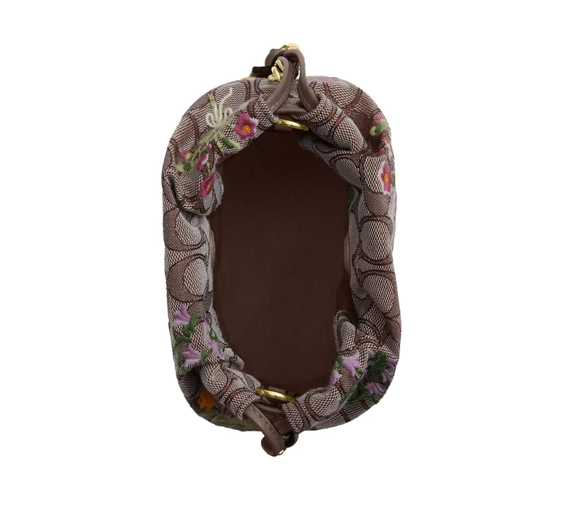 Coach Women's Faye Mini Drawstring Bag In Signature Jacquard With Floral Embroidery Gold/Oak Multi