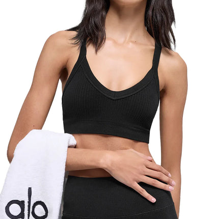 alo Women's Seamless Two Tone Rib Bra Black