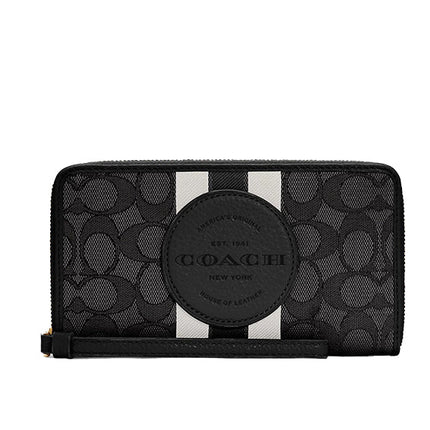 Coach Women's Dempsey Large Phone Wallet In Signature Jacquard With Stripe And Coach Patch Silver/Black Smoke Black Multi