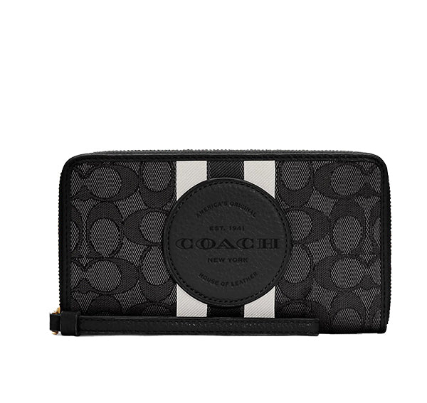 Coach Women's Dempsey Large Phone Wallet In Signature Jacquard With Stripe And Coach Patch Silver/Black Smoke Black Multi